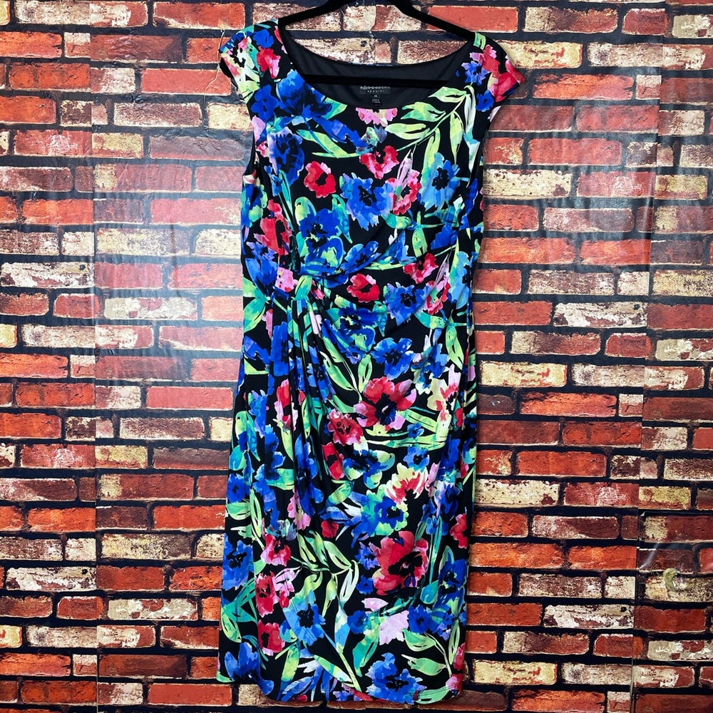 connected apparel Black Floral Midi Dress with Blue, Green, Red Accents